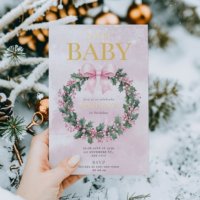 Invitación Con Relieve Metalizado acuarela Navidades rosados cumpleaños Santa (Subido por el creador)