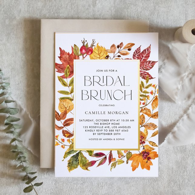 Invitación Con Relieve Metalizado Acuarela otoño deja brunch marrón marrón (Customizable fall bridal brunch invitation featuring watercolor autumn foliage and gold foil frame)