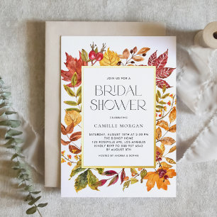 Invitación Con Relieve Metalizado Acuarela Otoño Deja Ducha Marítima Caída Bridal