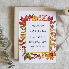 Invitación Con Relieve Metalizado Acuarela Otoño Sale Boda Caída del Marco