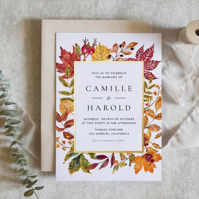 Invitación Con Relieve Metalizado Acuarela Otoño Sale Boda Caída del Marco (Customizable Autumn Wedding Gold Foil Invitation with Watercolor Fall Foliage Frame)