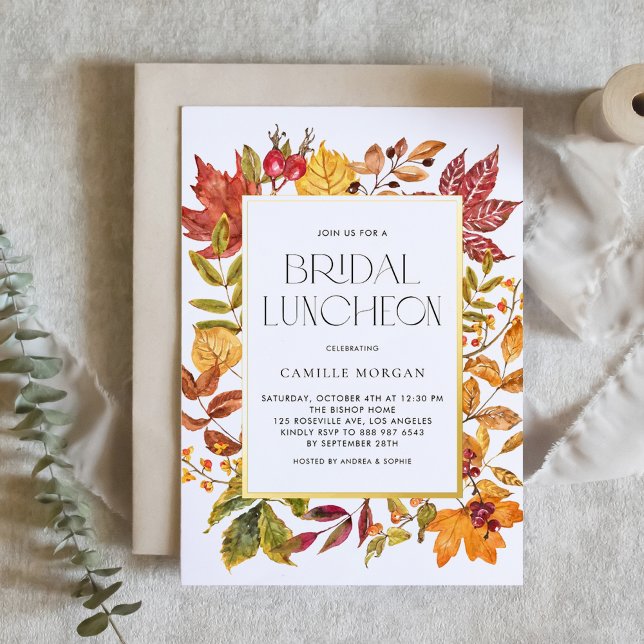 Invitación Con Relieve Metalizado Acuarela Otoño Sale Frame Bridal Luncheon (Customizable fall bridal luncheon invitation featuring watercolor autumn foliage and gold foil frame)