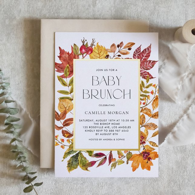 Invitación Con Relieve Metalizado Acuarela Otoño Sale Frame Fall Baby Brunch (Customizable Autumn Gold Foil Baby Brunch Invitation with Watercolor Foliage Frame)