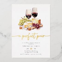 Invitación Con Relieve Metalizado Acuarela Perfect Pair Wine Cheese Engagement