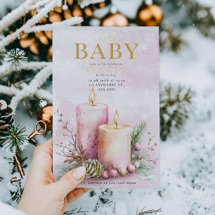 Invitación Con Relieve Metalizado acuarela Pink ChristmasCandles 1ᵉʳ cumpleaños