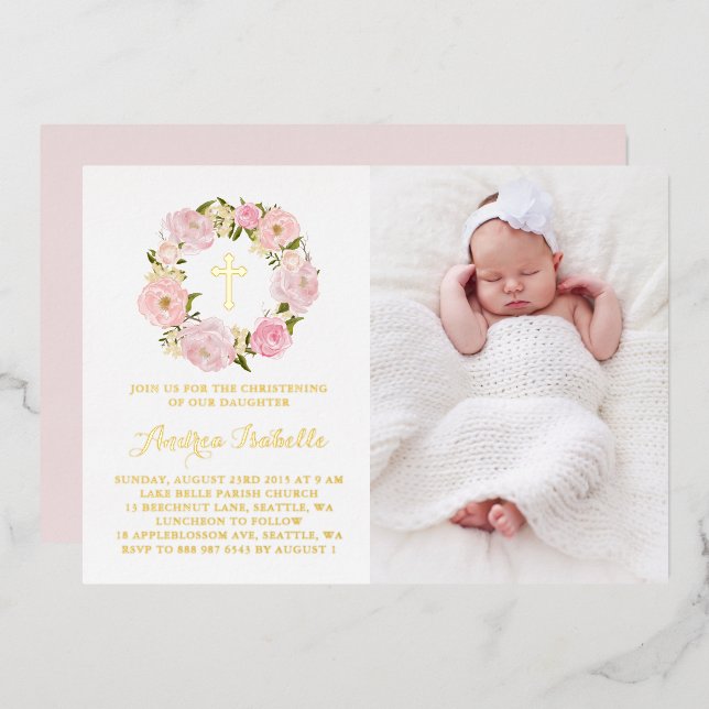 Invitación Con Relieve Metalizado Acuarela Pink Peony Wreath Photo Christening (Anverso/Reverso)