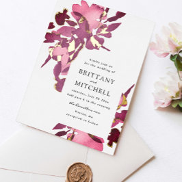 Invitación Con Relieve Metalizado Acuarela Romántica Floral Ciruela Dorado