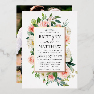 Invitación Con Relieve Metalizado Acuarela Rosa Blanco Floral Foto Rosa Dorado