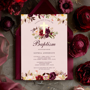 Invitación Con Relieve Metalizado Acuarela Rosa Dorado Borgoña Floral Bautizo