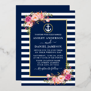 Invitación Con Relieve Metalizado Acuarela Rosa Floral Ancla Rayas Azul Oro