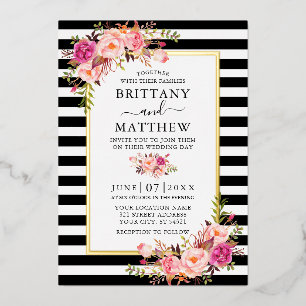 Invitación Con Relieve Metalizado Acuarela Rosa Floral Rayado Boda Oro