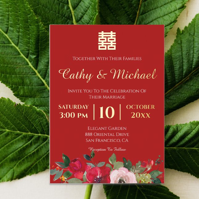 Invitación Con Relieve Metalizado acuarela rosa roja floral moderna boda chino (Subido por el creador)
