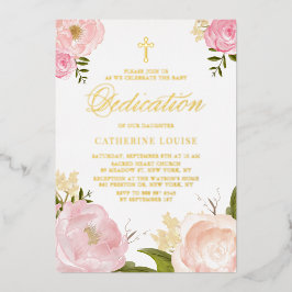 Invitación Con Relieve Metalizado Acuarela Rubor Pink Peony Floral Baby Dedication