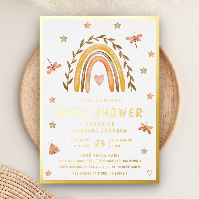 Invitación Con Relieve Metalizado Acuarela Rusa Earthy Rainbow Baby Shower Gold (Subido por el creador)