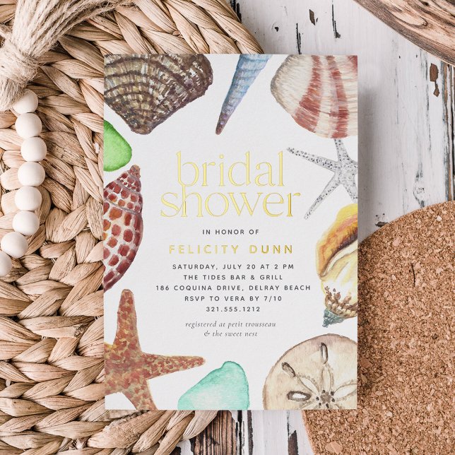 Invitación Con Relieve Metalizado Acuarela Seashell Beach Bridal Shower Gold (Subido por el creador)