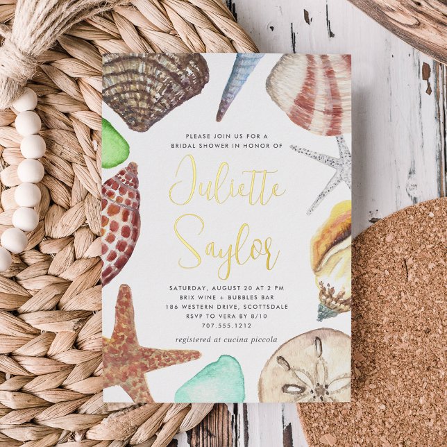 Invitación Con Relieve Metalizado Acuarela Seashell Beach Bridal Shower Gold (Subido por el creador)