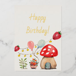 Invitación Con Relieve Metalizado Acuarela Setas y Fresas Fiesta Monada