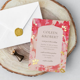 Invitación Con Relieve Metalizado Acuarela Suelta Rosa Floral Oro