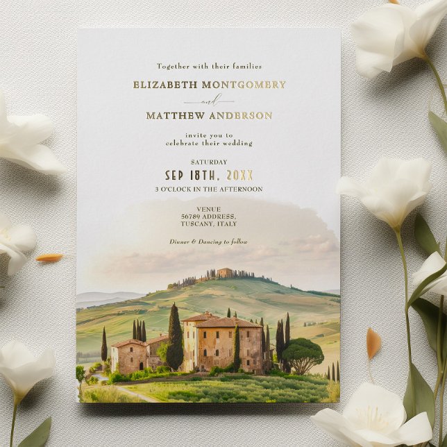 Invitación Con Relieve Metalizado Acuarela toscana Italia Boda de destino (Subido por el creador)