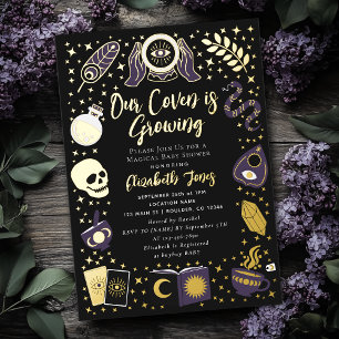 Invitación Con Relieve Metalizado Adivina del Futuro, Brujita, Baby Shower