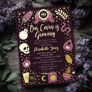 Invitación Con Relieve Metalizado Adivina el Futuro de la Bruja Chica Baby Shower