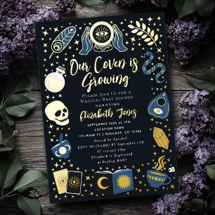 Invitación Con Relieve Metalizado Adivino Futuro Niño Brujo Baby Shower