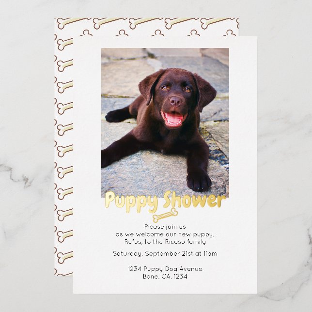 Invitación Con Relieve Metalizado Adopción personalizada de perro con ducha de pipa (Anverso/Reverso)