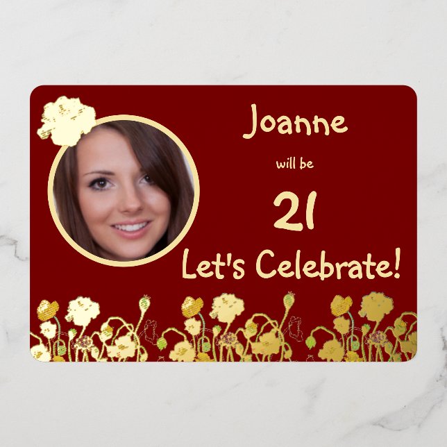 Invitación Con Relieve Metalizado Adormidera salvaje Deep Red & Gold 21º cumpleaños (Anverso)