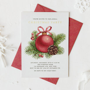 Invitación Con Relieve Metalizado Adorno de Bola Roja Acuarela Fiesta de Navidad