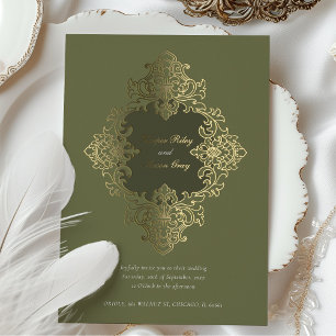 Invitación Con Relieve Metalizado Adorno de Hoja Barroca Boda Verde Oliva