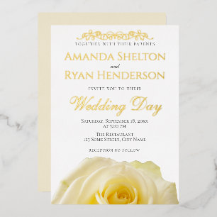 Invitación Con Relieve Metalizado Adorno de Rosa Amarilla Elegante Boda Floral Oro