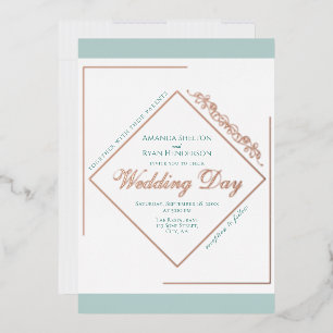 Invitación Con Relieve Metalizado Adorno Elegante Marco Turquesa Boda Rosa Dorada