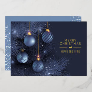 Invitación Con Relieve Metalizado Adornos Azules de Navidad Dorados