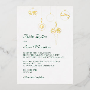Invitación Con Relieve Metalizado Adornos de Navidad de color verde invierno Boda Do