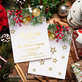Invitación Con Relieve Metalizado Adornos de oro bayas de acebo estrellas fiesta de