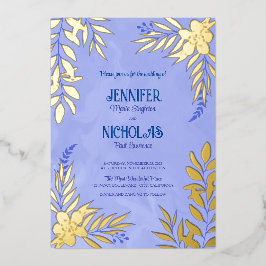 Invitación Con Relieve Metalizado Adornos Elegantes de Flores y Hojas para Boda
