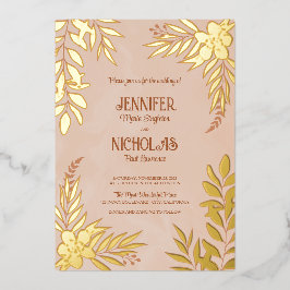 Invitación Con Relieve Metalizado Adornos Elegantes de Flores y Hojas para Boda