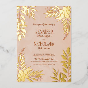 Invitación Con Relieve Metalizado Adornos Elegantes de Flores y Hojas para Boda
