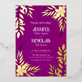 Invitación Con Relieve Metalizado Adornos Elegantes de Flores y Hojas para Boda