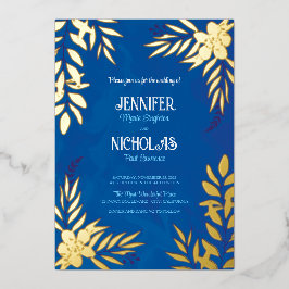 Invitación Con Relieve Metalizado Adornos Elegantes de Flores y Hojas para Boda