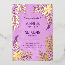 Invitación Con Relieve Metalizado Adornos Elegantes de Flores y Hojas para Boda