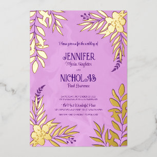 Invitación Con Relieve Metalizado Adornos Elegantes de Flores y Hojas para Boda