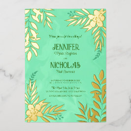 Invitación Con Relieve Metalizado Adornos Elegantes de Flores y Hojas para Boda