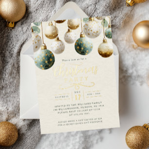 Invitación Con Relieve Metalizado Adornos Navideños Verde Turquesa Dorado Fiesta de 