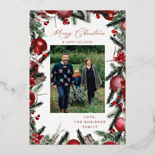 Invitación Con Relieve Metalizado Adornos rojos y foto de Navidad feliz de pino