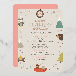Invitación Con Relieve Metalizado Adventure Awath Woodland Chica Pink Baby Shower