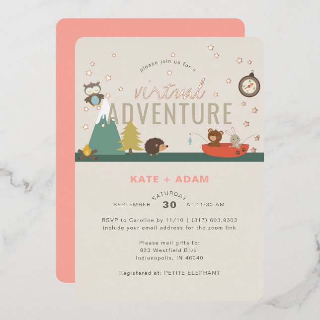 Invitación Con Relieve Metalizado Adventure Awath Woodland Chica Virtual Baby Shower (Anverso/Reverso)