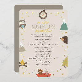 Invitación Con Relieve Metalizado Adventure Awath Woodland Neutral Baby Shower