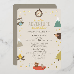 Invitación Con Relieve Metalizado Adventure Awath Woodland Neutral Baby Shower