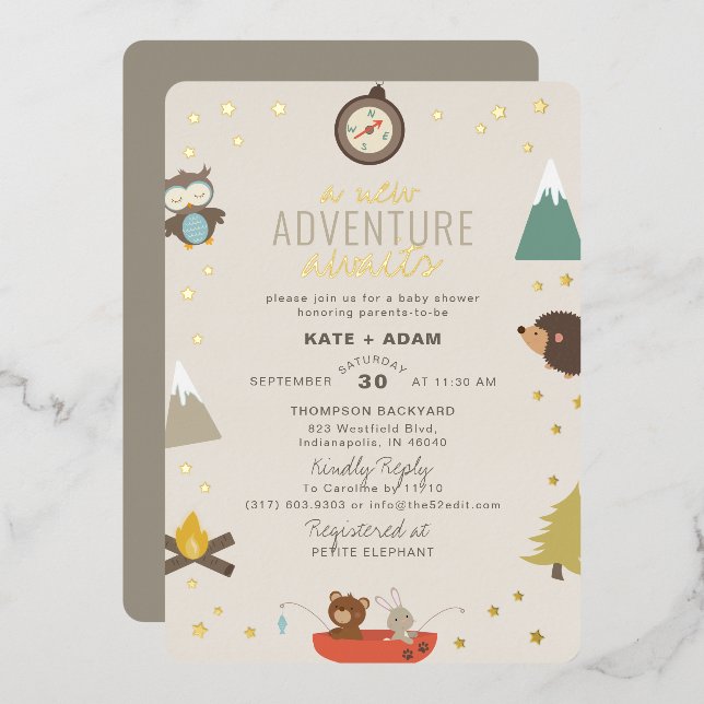 Invitación Con Relieve Metalizado Adventure Awath Woodland Neutral Baby Shower (Anverso/Reverso)